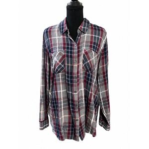 Lucky Brand Plaid Button Front‎ Flannel Shirt Women's Large Gray Burgundy Blue
